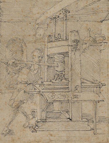 Drawing by Dürer of printing press