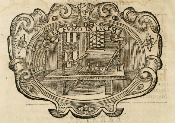 [A 1666 woodcut image of a printing press in a book by Diego Saavedra]