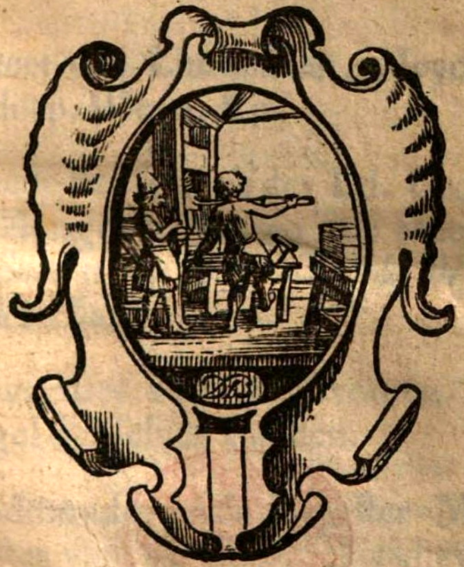 [A 1666 woodcut image of a printing press in a book by A. Vermerck]